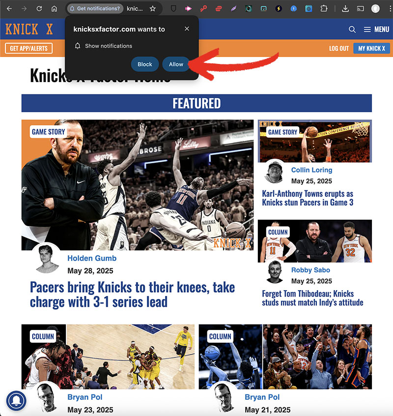 Knicks X-Factor Notifications Desktop