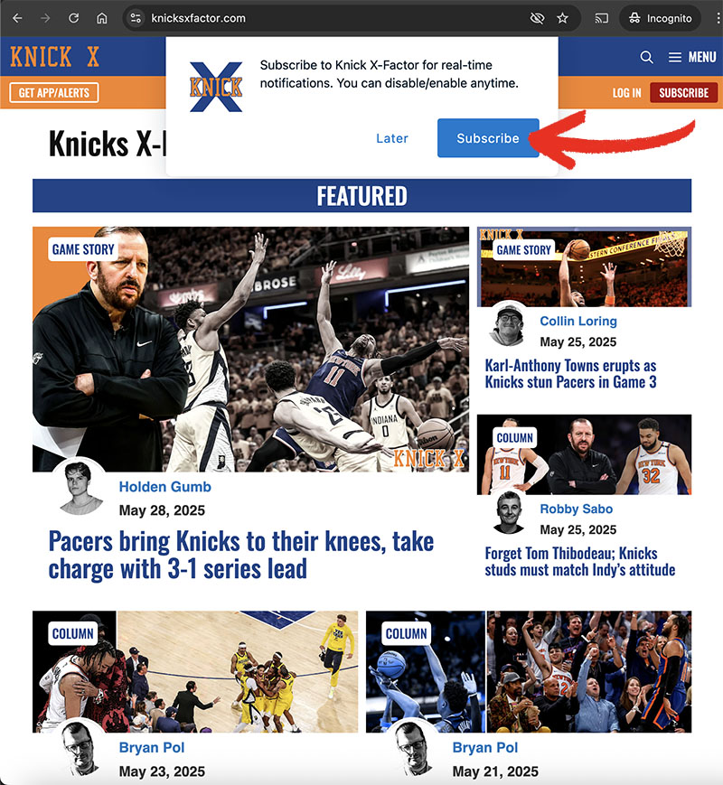 Knicks X-Factor Notifications Desktop